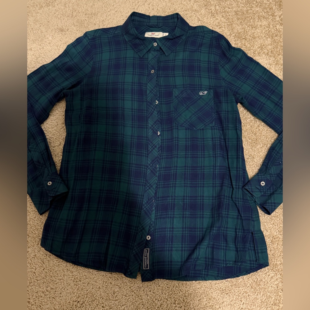 Vineyard Vines Women's Blue & Green Plaid Long-Sleeve Button Down Shirt Size 8